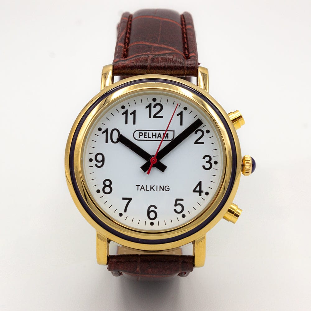Ravencourt Living Watches Large Talking Analogue Watch With Gold Case & Brown Strap