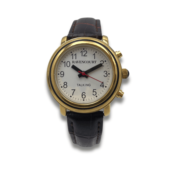 Ravencourt Living Watches Ravencourt Living Talking Analogue Watch With Gold Case & Brown Strap