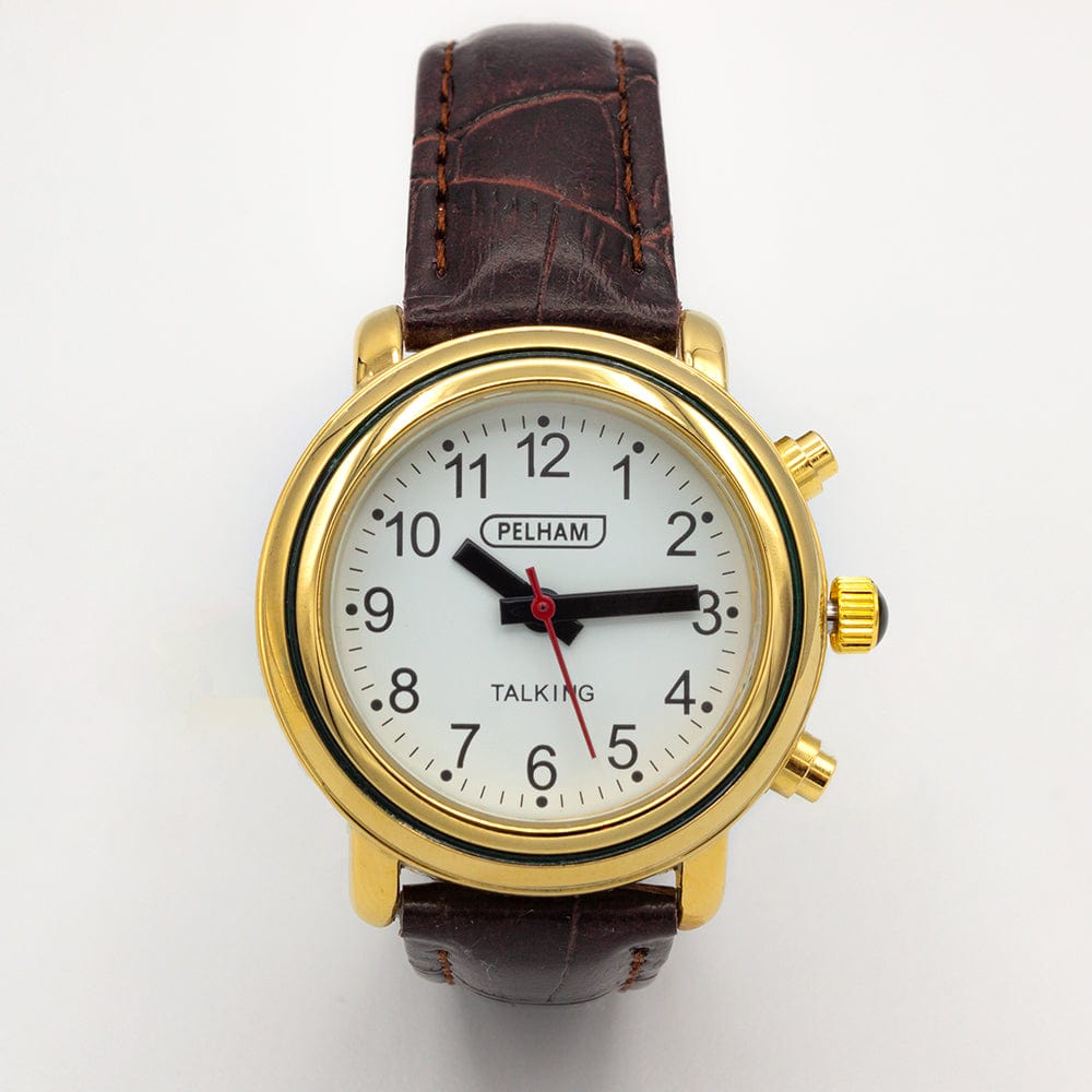 Ravencourt Living Watches Small Talking Analogue Watch With Gold Case & Brown Strap